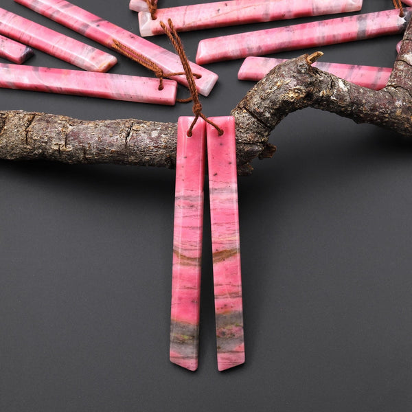 AAA Natural Pink Rhodonite In Quartz Earring Pair Long Dagger Triangle Drilled Matched Gemstone Beads A2