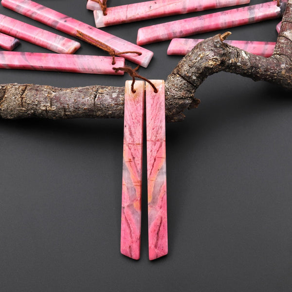 AAA Natural Pink Rhodonite In Quartz Earring Pair Long Dagger Triangle Drilled Matched Gemstone Beads A3