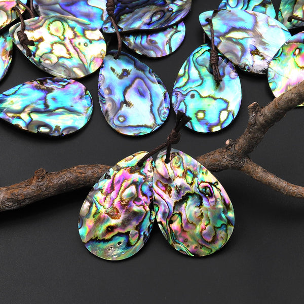 Natural Rainbow Abalone Teardrop Earring Pair Drilled Matched Gemstone Bead Pair A44