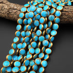 Genuine Natural Blue Turquoise Gold Copper Edging Coin 12mm Beads Choose from 5pcs, 10pcs, 16" Strand