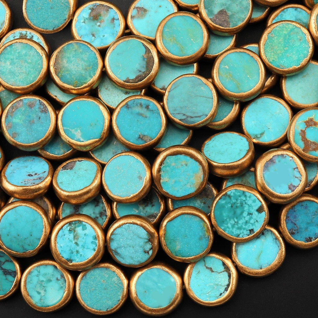 Genuine 100% Natural Aqua Blue Greem Turquoise Gold Copper Edging Flat Coin 12mm Beads Choose from 5pcs, 10pcs, Handmade 16" Strand