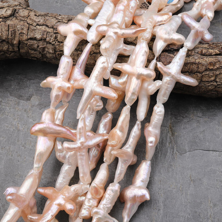 Natural Soft Peach Pink Cross Pearl Genuine Real Freshwater Pearl Vertically Drilled Beads 16" Strand