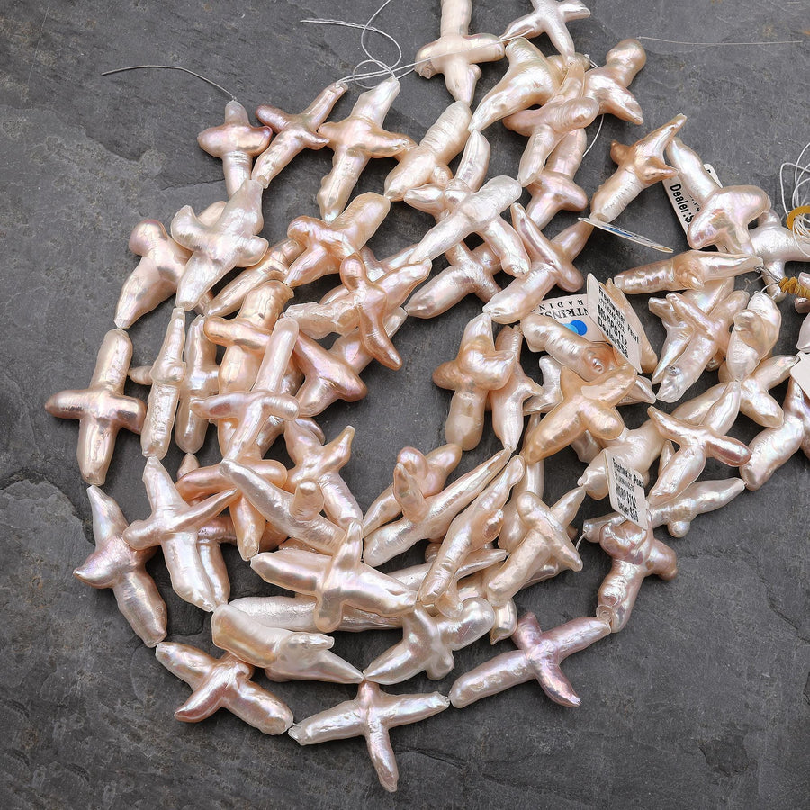 Natural Soft Peach Pink Cross Pearl Genuine Real Freshwater Pearl Vertically Drilled Beads 16" Strand