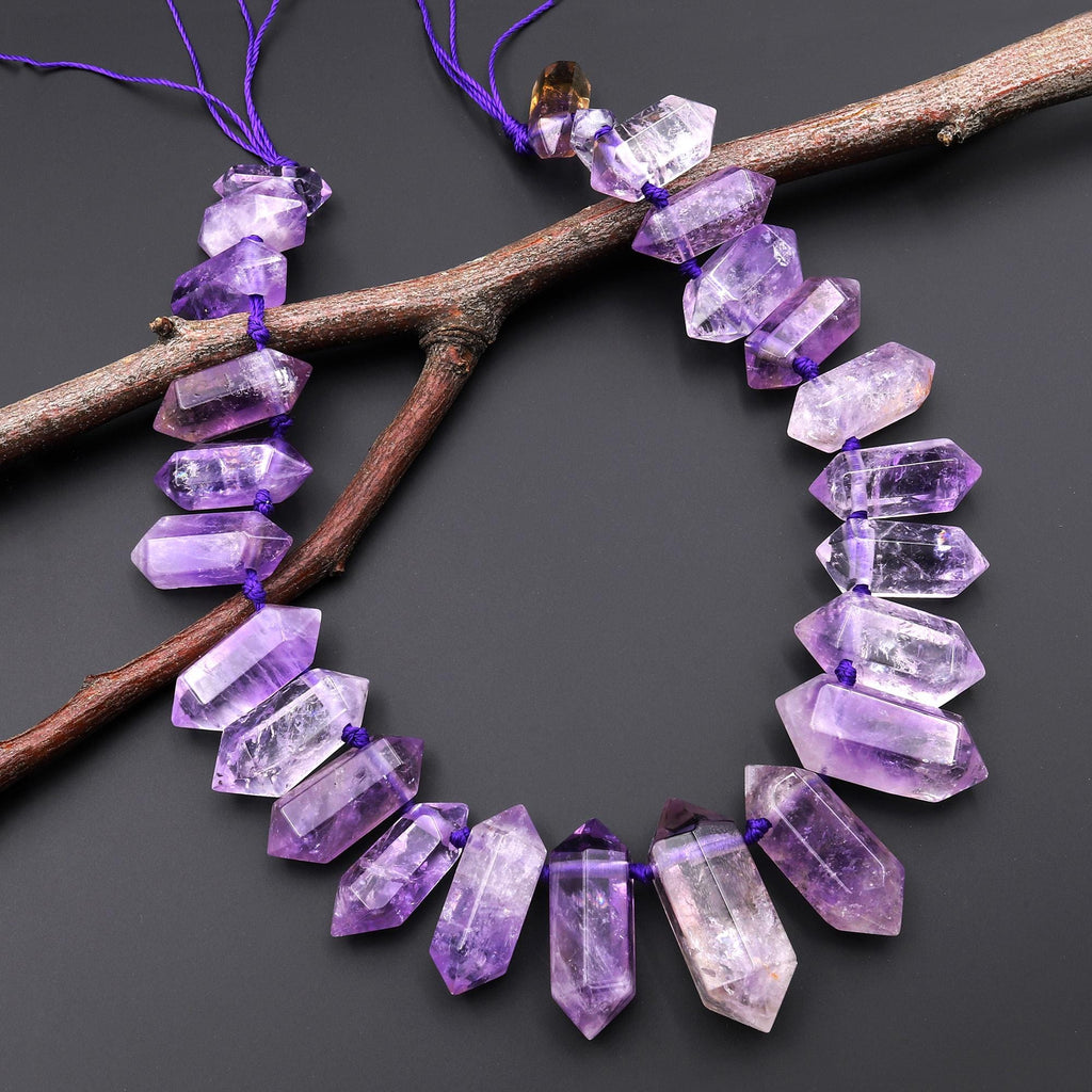 Gemmy Natural Purple Amethyst Faceted Double Terminated Pointed Beads Top Side Drilled Healing Crystal Focal Pendant 15" Strand