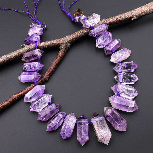 Gemmy Natural Purple Amethyst Faceted Double Terminated Pointed Beads Top Side Drilled Healing Crystal Focal Pendant 15" Strand