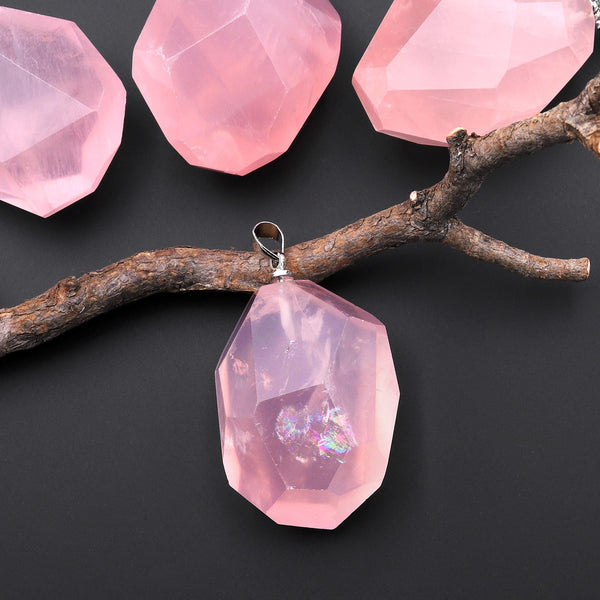 AAA Translucent Faceted Natural Madagascar Pink Rose Quartz Nugget Crystal Pendant A1