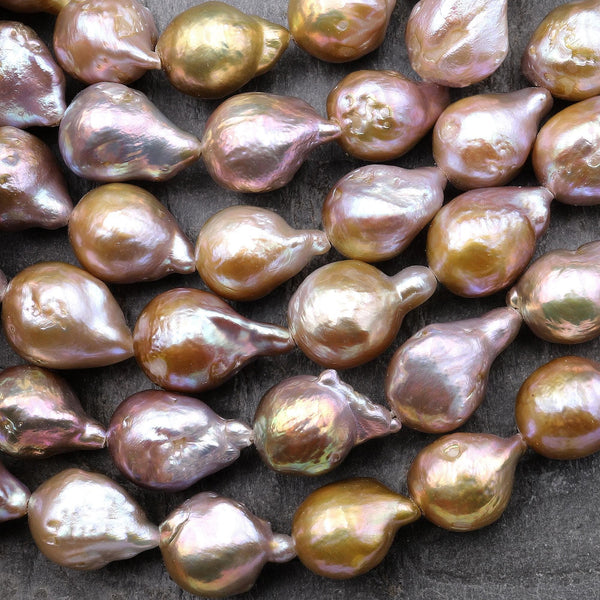 Genuine Freshwater Ming Fireball Flameball Baroque Nucleated Pearl Metallic Golden Mauve Pink Purple 16" Strand