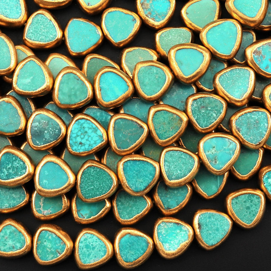 Genuine Natural Aqua Blue Green Turquoise Gold Copper Edging Triangle 10mm Beads Choose from 5pcs, 10pcs 15.5" Strand