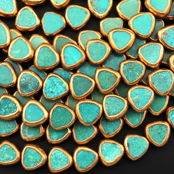 Genuine Natural Aqua Blue Green Turquoise Gold Copper Edging Triangle 10mm Beads Choose from 5pcs, 10pcs 15.5" Strand