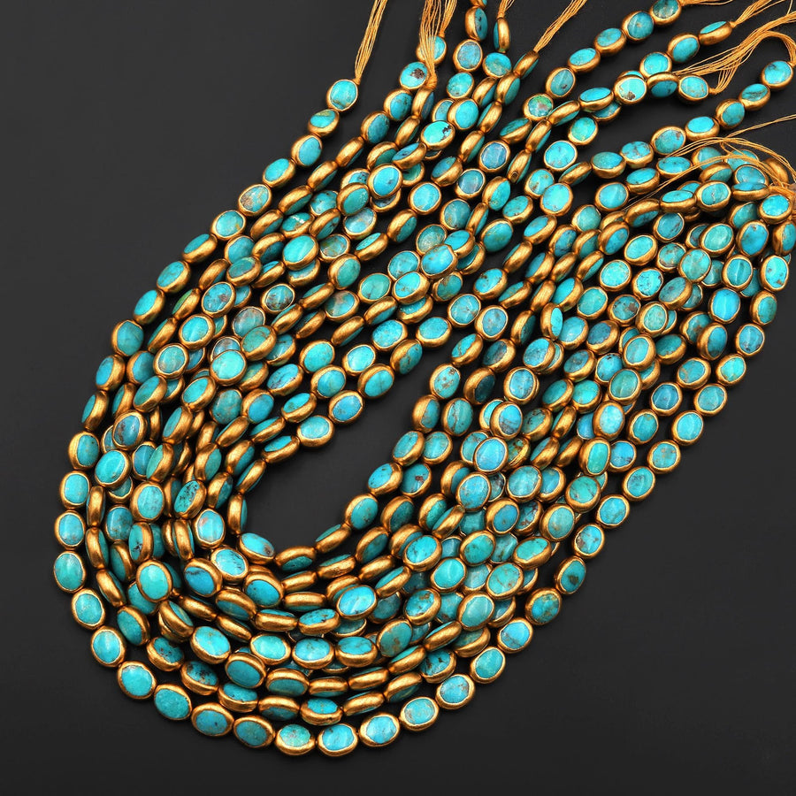 Genuine 100% Natural Arizona Aqua Blue Green Turquoise Gold Copper Edging Oval Beads Choose from 5pcs, 10pcs 16" Strand