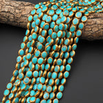 Genuine 100% Natural Arizona Aqua Blue Green Turquoise Gold Copper Edging Oval Beads Choose from 5pcs, 10pcs 16" Strand