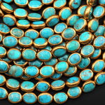 Genuine 100% Natural Arizona Aqua Blue Green Turquoise Gold Copper Edging Oval Beads Choose from 5pcs, 10pcs 16" Strand