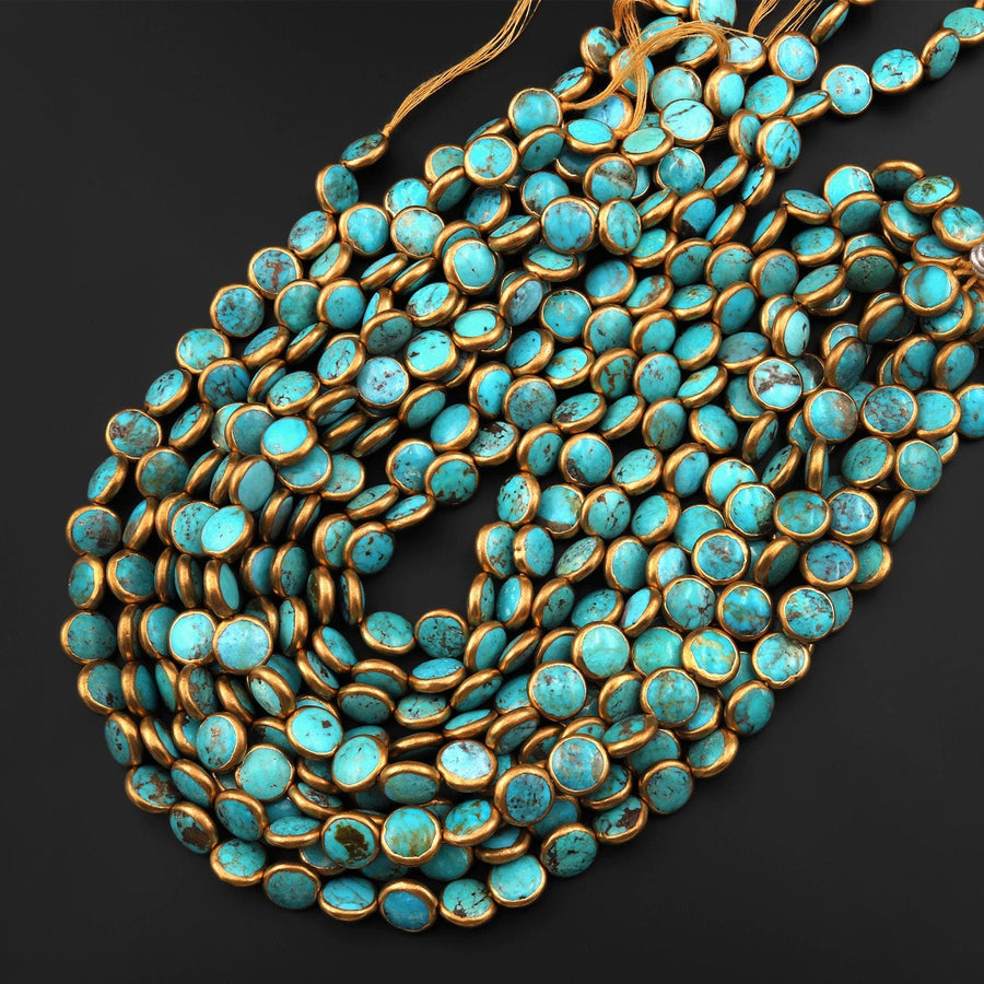 Genuine Natural Aqua Blue Green Turquoise Gold Copper Edging Coin 12mm Beads Choose from 5pcs, 10pcs, 16" Strand