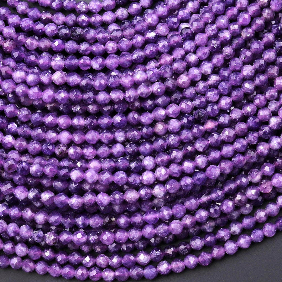 AAA Faceted Natural Mauve Purple Lepidolite 3mm Round Beads 15.5" Strand