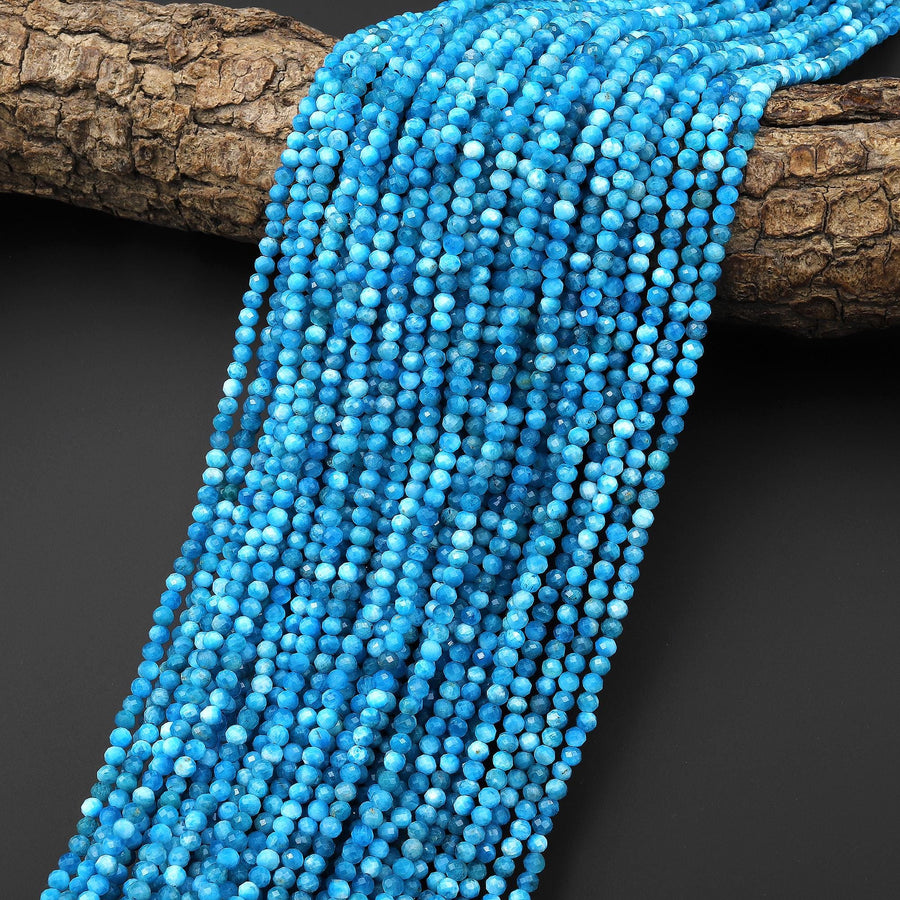 AAA Faceted Natural Sky Blue Apatite 3mm Round Beads Gemstone 15.5" Strand