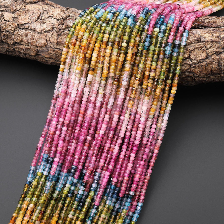 AAA Natural Fuchsia Pink Blue Green Cognac Tourmaline Faceted 3mm Rondelle Beads Ombre Gemstone 15.5" Strand