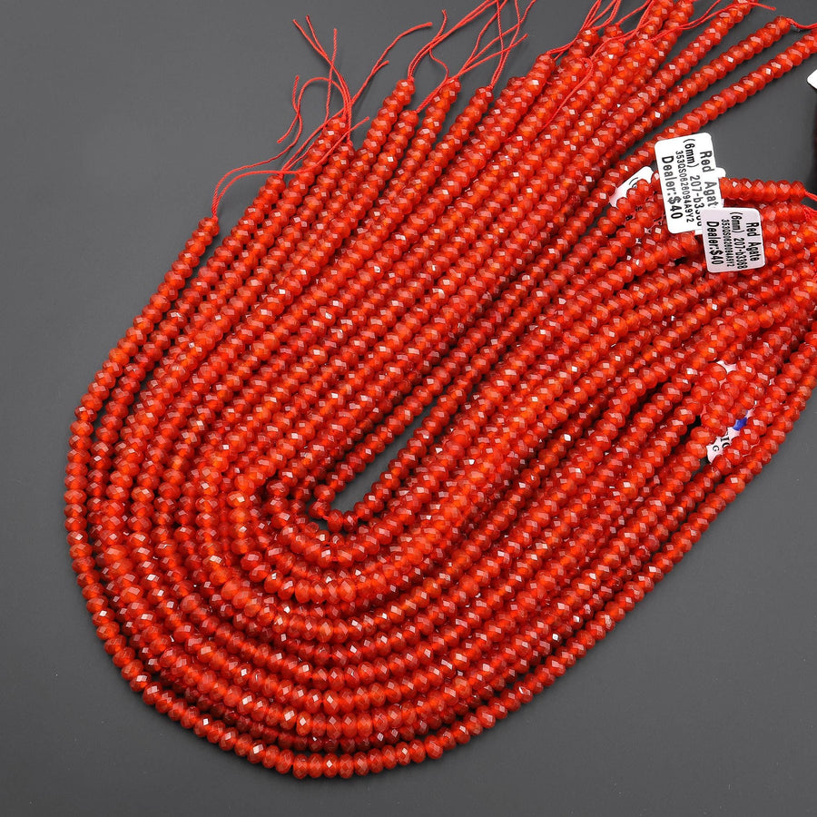 AAA Faceted Natural Red Agate 6mm Rondelle Beads Gemstone 15" Strand