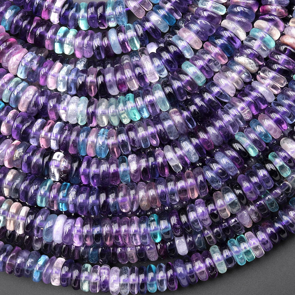 Natural Purple Green Fluorite 6mm Thin Smooth Rondelle Beads 15.5" Strand