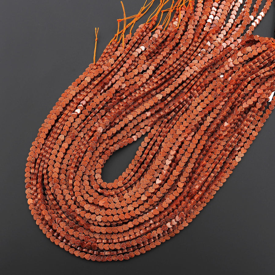 AAA Sparkling Gold Sandstone Aka Goldstone 4mm Smooth Heart Beads 15" Strand