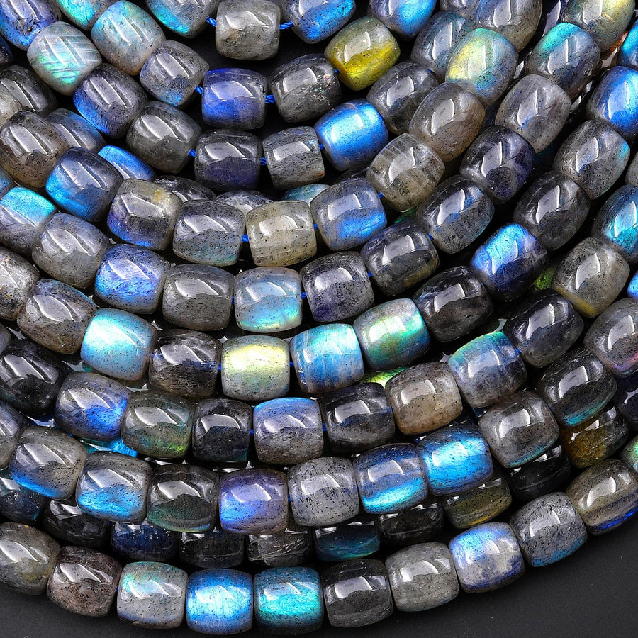 AAA Natural Labradorite Smooth Barrel Drum Beads 6mm 7mm Brilliant Rainbow Golden Green Blue Fire Flashes 15.5" Strand