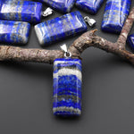 Natural Lapis Beveled Rectangle Pendant Blue Wave w/ Calcite Pyrite Veins