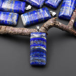 Natural Lapis Beveled Rectangle Pendant Blue Wave w/ Calcite Pyrite Veins