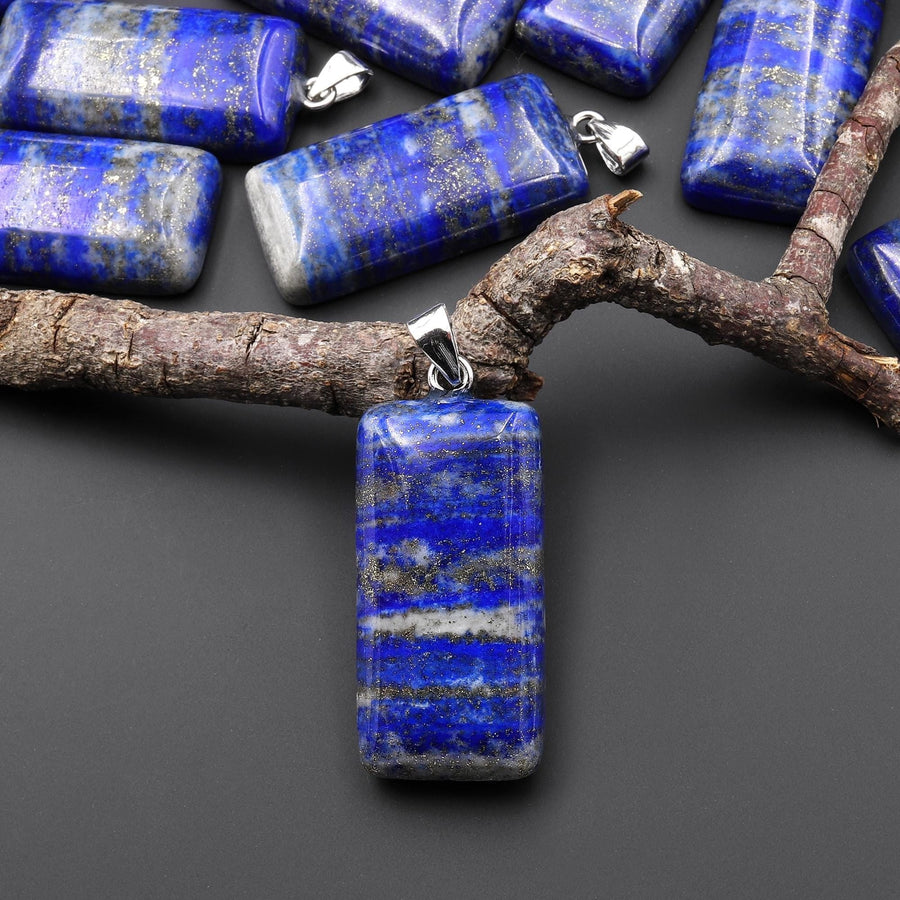 Natural Lapis Beveled Rectangle Pendant Blue Wave w/ Calcite Pyrite Veins