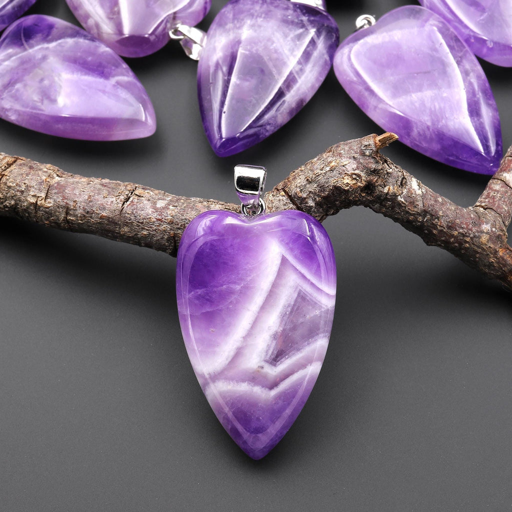 Natural Purple Amethyst Gemstone Puffy Long Heart Pendant Natural Crystal Focal Bead