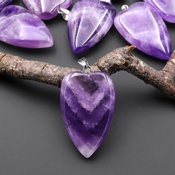Natural Purple Amethyst Gemstone Puffy Long Heart Pendant Natural Crystal Focal Bead A3