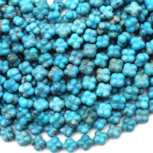 Hand Carved Real Genuine Natural Blue Turquoise 3D 4 Leaf Clover 6mm Beads Choose from 5 pcs, 10 pcs, or full 16" Strand