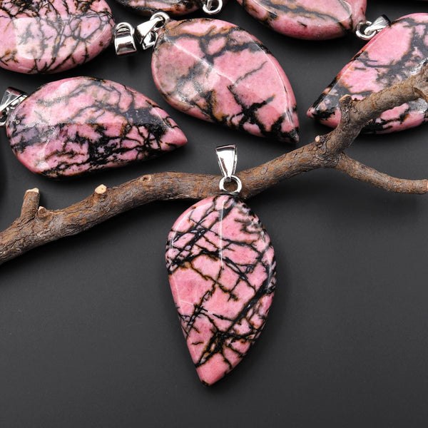 Natural Pink Rhodonite w/ Black Line Matrix Leaf Pendant Gemstone A1