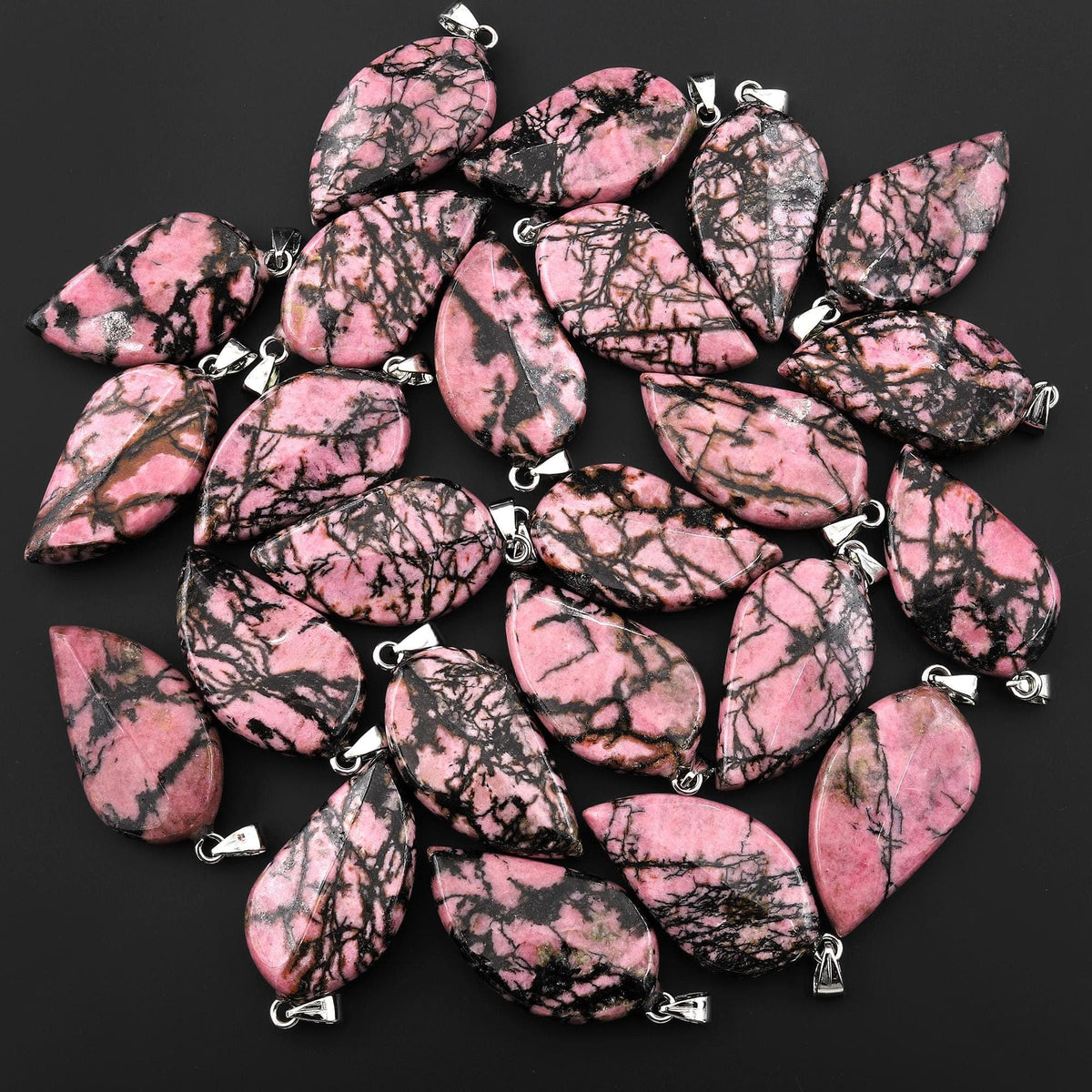 Natural Pink Rhodonite w/ Black Line Matrix Leaf Pendant Gemstone ...