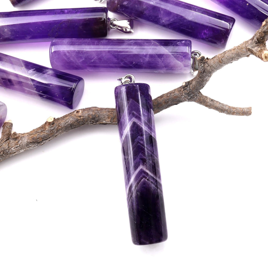 Natural Amethyst Long Cylinder Pendant Natural Crystal Focal Bead A1