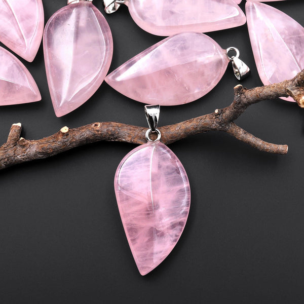 Natural Pink Rose Quartz Leaf Pendant Gemstone A1