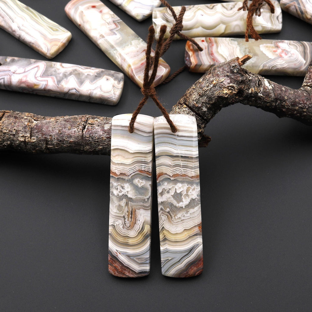 Natural Mexican Laguna Lace Agate Long Rectangle Earrings Matched Gemstone Cabochon Beads Pair A1