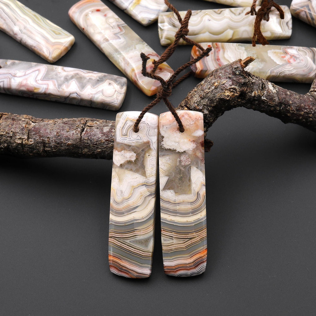 Natural Mexican Laguna Lace Agate Long Rectangle Earrings Matched Gemstone Cabochon Beads Pair A5