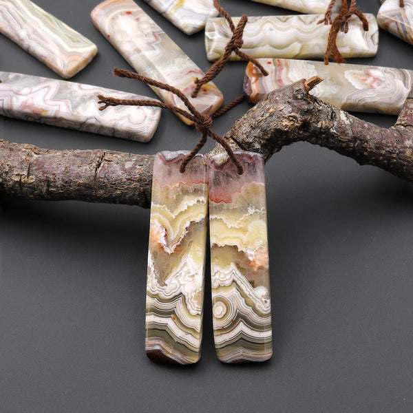 Natural Mexican Laguna Lace Agate Long Rectangle Earrings Matched Gemstone Cabochon Beads Pair A6