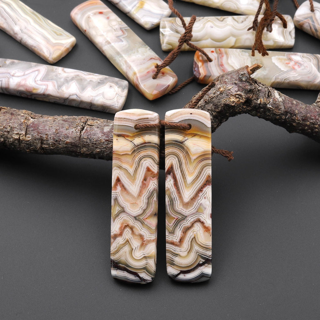 Natural Mexican Laguna Lace Agate Long Rectangle Earrings Matched Gemstone Cabochon Beads Pair A7