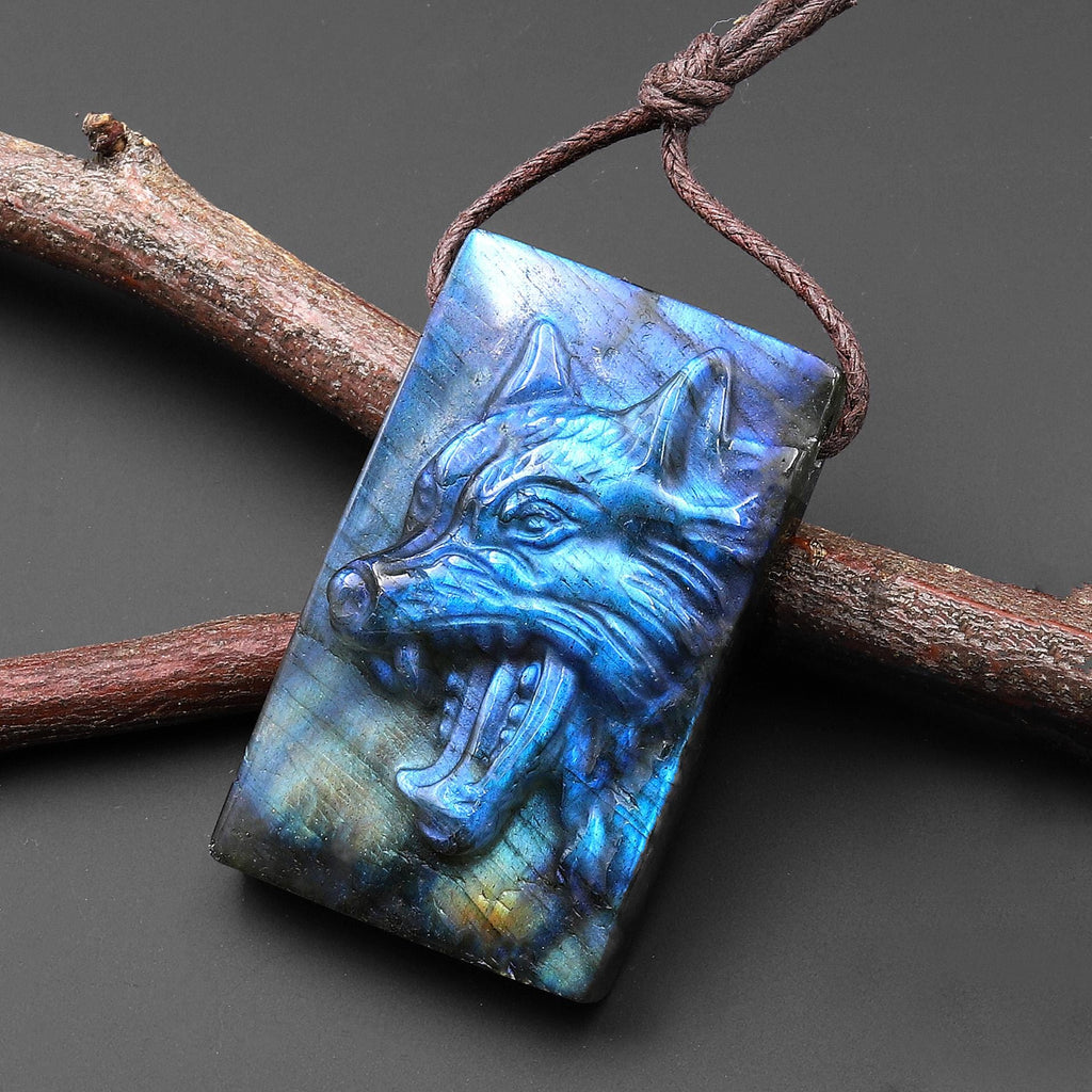 Hand Carved Natural Labradorite Growling Wolf Gemstone Side Drilled Pendant Bead A6