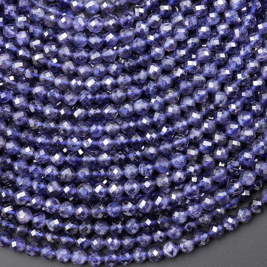 AAA Translucent Natural Blue Iolite Faceted 4mm Round Beads 15.5" Strand