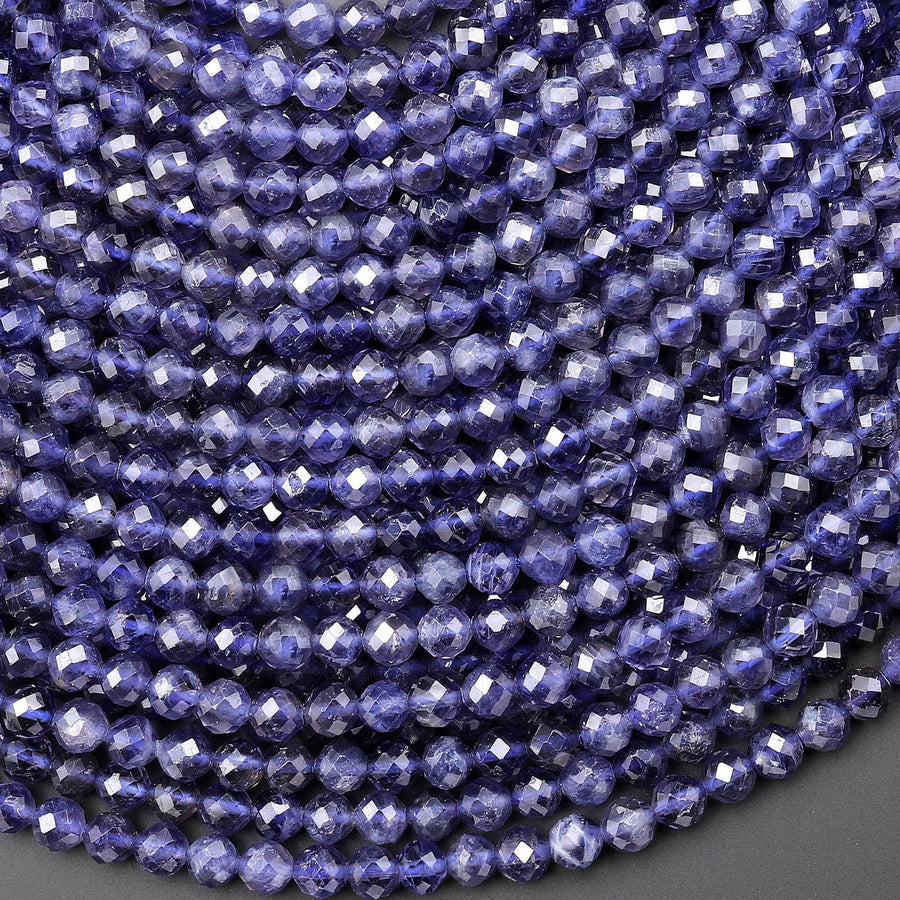 AAA Translucent Natural Blue Iolite Faceted 4mm Round Beads 15.5" Strand