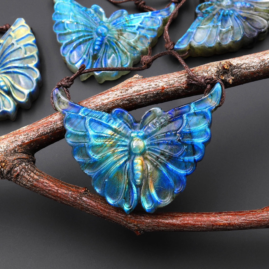 AAA 2 Two Hole Side Drilled Pendant Hand Carved Natural Labradorite Butterfly Drilled Gemstone Focal Bead A1