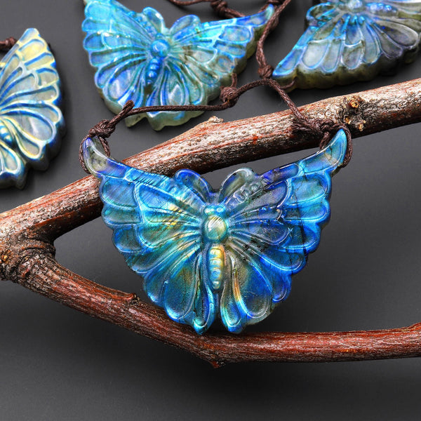 AAA 2 Two Hole Side Drilled Pendant Hand Carved Natural Labradorite Butterfly Drilled Gemstone Focal Bead A1