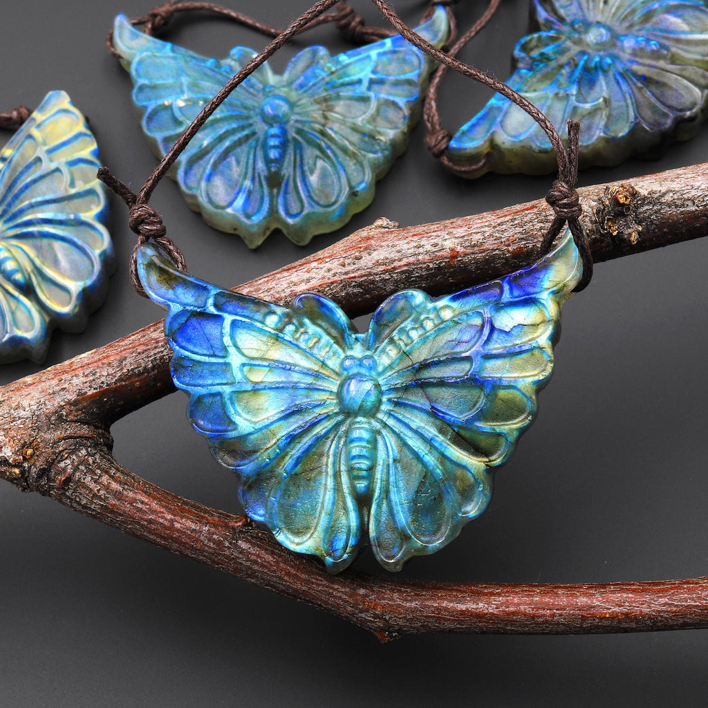 AAA 2 Two Hole Side Drilled Pendant Hand Carved Natural Labradorite Butterfly Drilled Gemstone Focal Bead A2