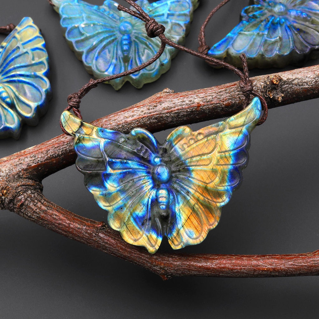 AAA 2 Two Hole Side Drilled Pendant Hand Carved Natural Labradorite Butterfly Drilled Gemstone Focal Bead A4