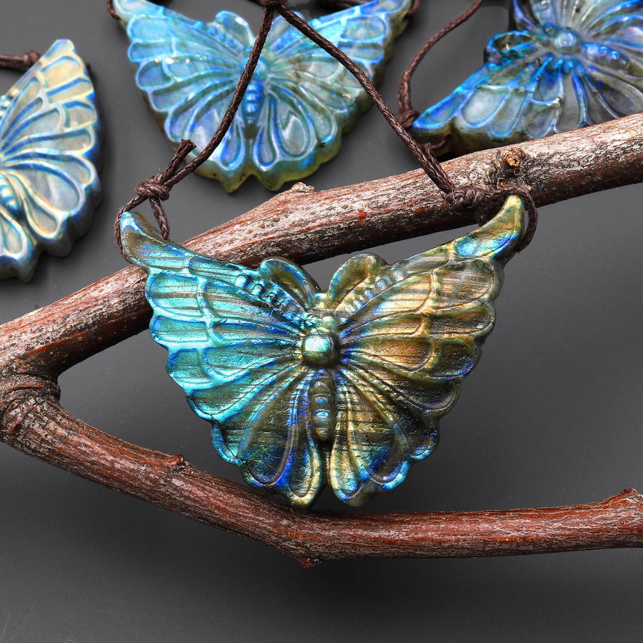 AAA 2 Two Hole Side Drilled Pendant Hand Carved Natural Labradorite Butterfly Drilled Gemstone Focal Bead A6