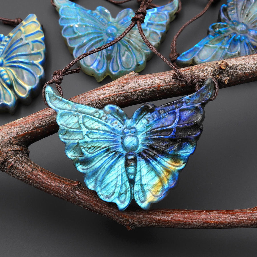 AAA 2 Two Hole Side Drilled Pendant Hand Carved Natural Labradorite Butterfly Drilled Gemstone Focal Bead A8