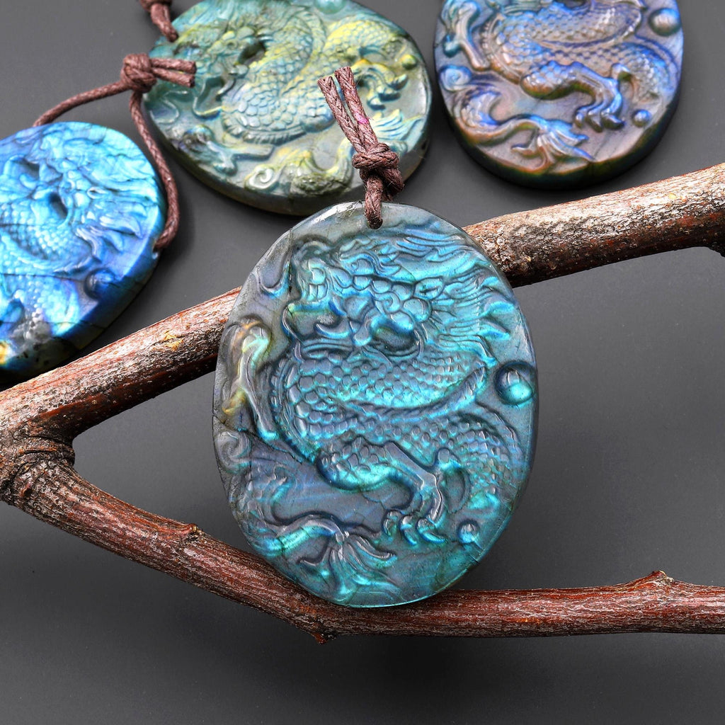 AAA Fiery Hand Carved Natural Labradorite Dragon Pendant Gemstone Focal Bead A5