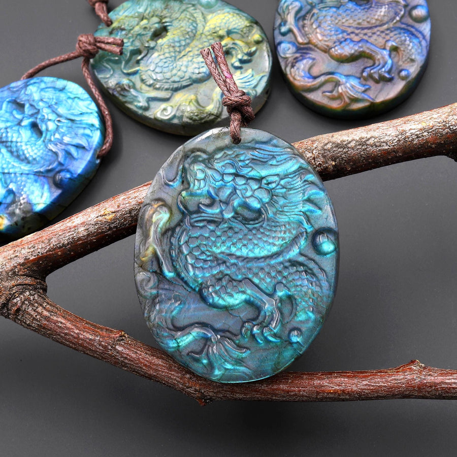 AAA Fiery Hand Carved Natural Labradorite Dragon Pendant Gemstone Focal Bead A5