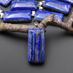 Natural Lapis Beveled Rectangle Pendant Blue Wave w/ Vertical Calcite Pyrite Veins